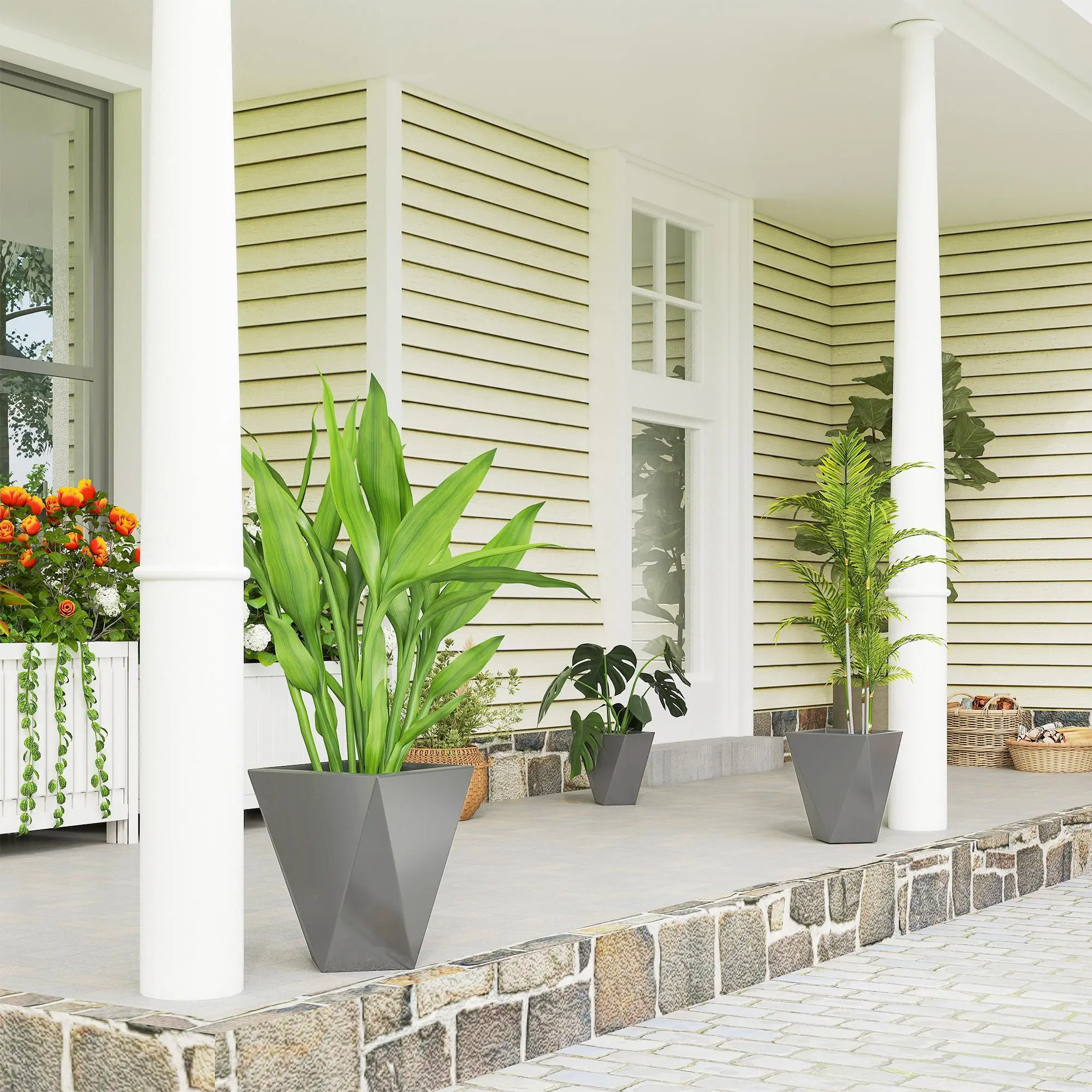 Indoor Outdoor Planters Set of 3 MgO Tall Planters Stackable Flower Pots with Drainage Holes for Garden, Balcony, Gray