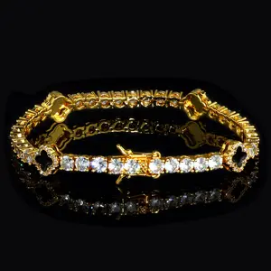 [ICE HUE]18K Gold Vacuum Plated Copper with 5A+ Sri Lanka Zircon Bracelet Four-Leaf Clover Tennis Chain Womens Luxury Jewelry Hip Hop Inspired Daily Wear Gift Idea Casual Fashion Classic Style