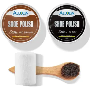 Black&Mid Brown Shoe Polish Kit, Boot and Leather Shoe Shine Kit, Horse Hair Polish Brush Cleaner, Towel(Black + Mid Brown)
