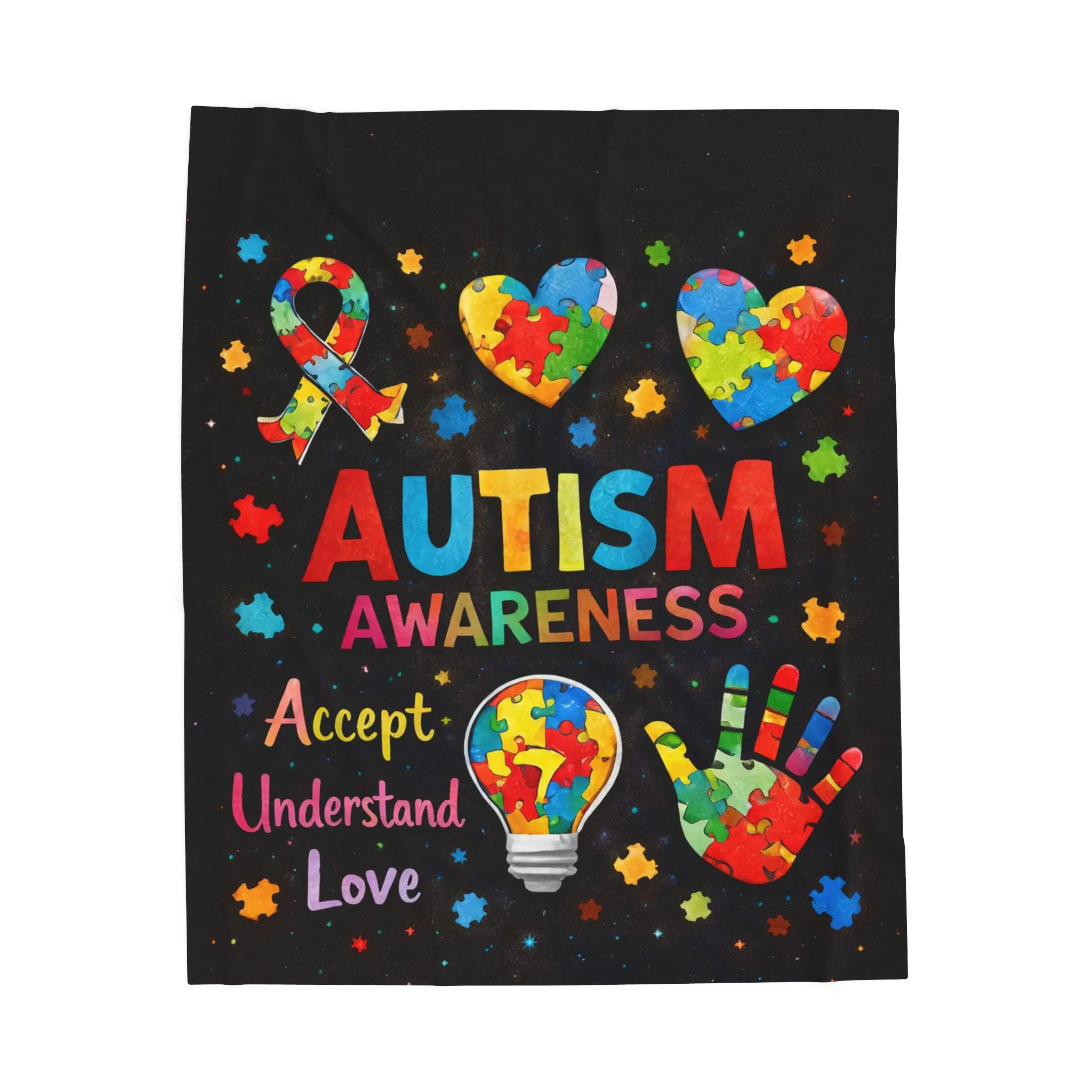 Autism Awareness Puzzle Heart Velveteen Plush Blanket | Accept Understand Love