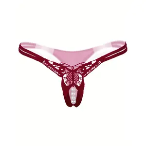 Low Rise Sexy Thong with Pearls Sheer Embroidery Thong for Women Hollow-Out Design Basic Minimalist Panties Soft Underwear Womenswear Contrast Lace Knicker Soft Stylish Brief