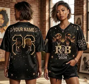 Men's RnB Tour Inspired FootballJersey mixed mesh Hip Hop Concert Shirt Urban Streetwear Graphic Shirt