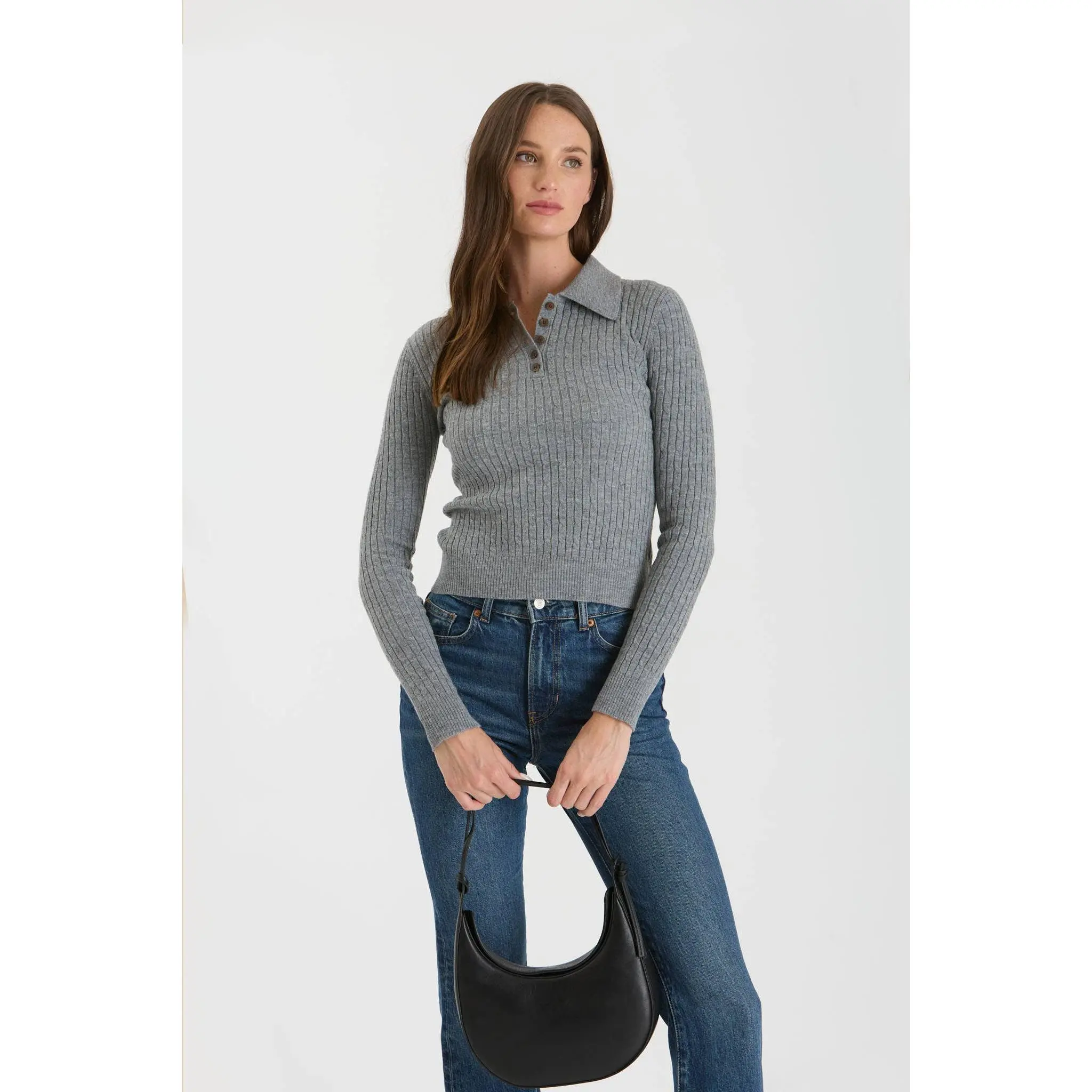 COLLARED POLO LONG SLEEVE KNIT TOP