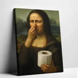 Funny Mona Lisa Bathroom Canvas Wall Art Humor Amusing Toilet Art Pinching Nose Painting Picture Wall Decor Celebrity Classical Vintage Poster Print Artwork forBathroom Restroom Home Decoration Framed