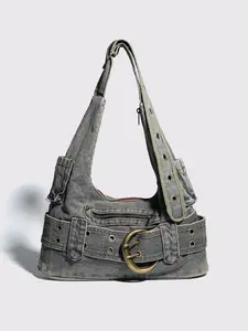 Washed Denim Underarm Bag, Vintage Steampunk Shoulder Bag, Y2K Eyelet Belt Crossbody Bag For Street Wear, Casual Crossbody Bag