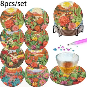 8-Piece DIY Diamond Painting Coasters, Cactus Pattern, Insulated and Non-Slip, with Stand, Handmade Gift, Perfect for Puzzle Activities