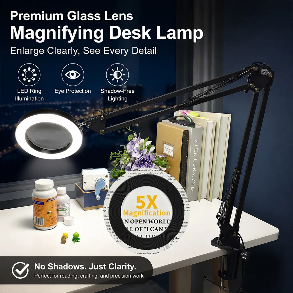 5X Magnifying Glass with Light, LED Desk Lamp with Magnifier for Crafting, Reading, Sewing, Manicure, 3 Color Modes & 10 Brightness Levels, Adjustable Swing Arm Clamp Lamp