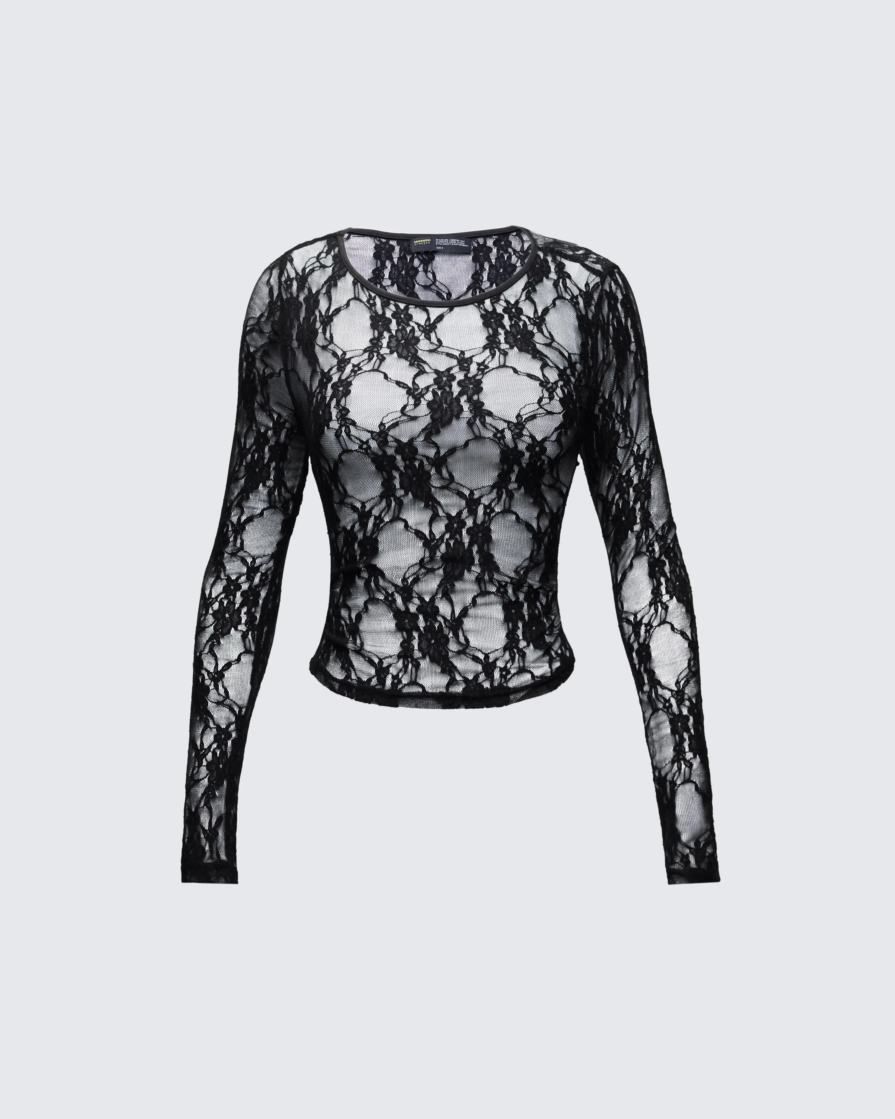 Women's Gothic Fitted Black Lace Long Sleeve Round Neck Cropped Mini Blouse - Polyamide Fabric, XS Size, Black Lace Detail Blouses & Shirts