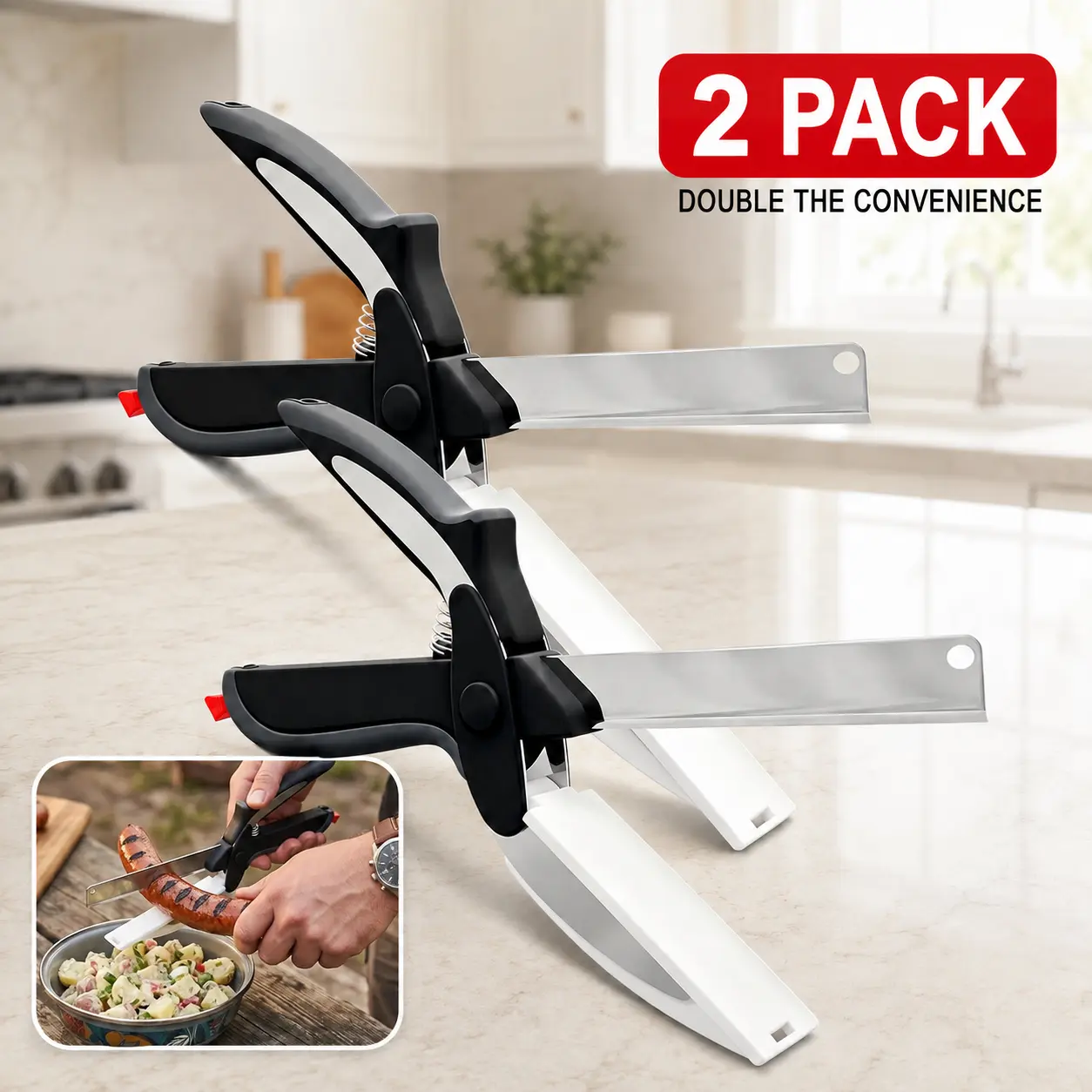 Outdoor-Kitchen 2-in-1 scissors ,9.5" Stainless Steel Cutter Scissors with Cutting Board, Cooking Tool for Chopping Fruit & Meat, Safety Lock, Dishwasher Safe, 1 Tool for All, Chop Fruit & Meat