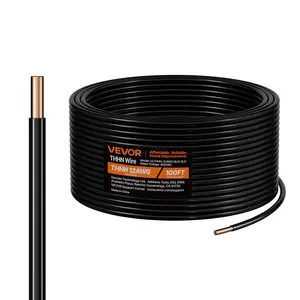 fathersdaygift VEVOR 12 AWG Solid THHN Wire, 100 OFC Copper Electrical Building Wire with Nylon Jacket PVC Insulation, Rated for Up to 600 Volts, Heavy-Duty for Residential, Industrial, Commercial, Black (100 Feet)