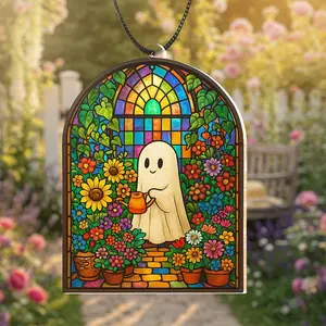 Cute Ghost Greenhouse Acrylics Suncatcher, Halloween Ghost Acrylic Window Hangings, Plant Lovers Gift, Halloween Home Decor, Gift For Her