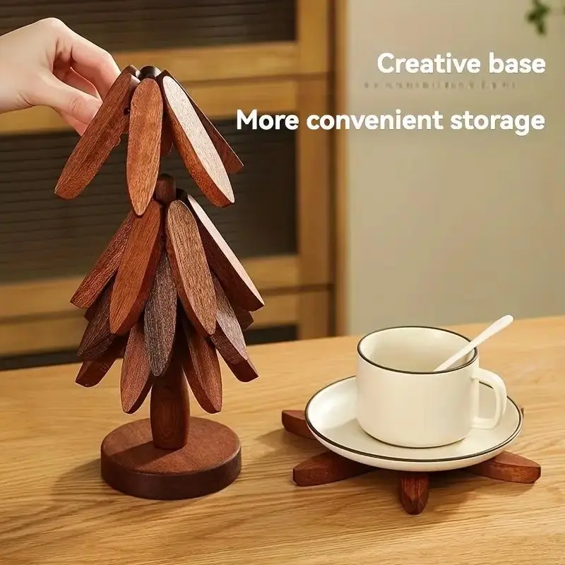 Natural Wood Heat-Resistant Coasters & Table Protectors, Wood Tree-Shaped Trivet, Cup, Plate & Bowl Pads, for Hot Dishes & Dining Decor, Durable Surface Savers, Hand Washable, 1 Set, Ideal Gift Set