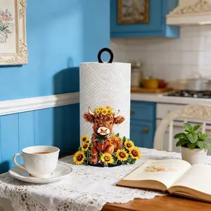 Cute Highland Cow Sunflower Paper Holder, Farmhouse Style Kitchen Decor, Rustic Touch, Fun Cow and Sunflower Design, Countertop Paper Holder for Home Kitchen Storage and Holiday Decoration