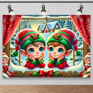 Cute Christmas Elf Window Backdrop, Cozy Winter Photography Background for Photo Studio, Perfect for Festive Family Shoots, Adorable Scene with Elves, Christmas Backdrops For Photography, Christmas Backdrop, Christmas