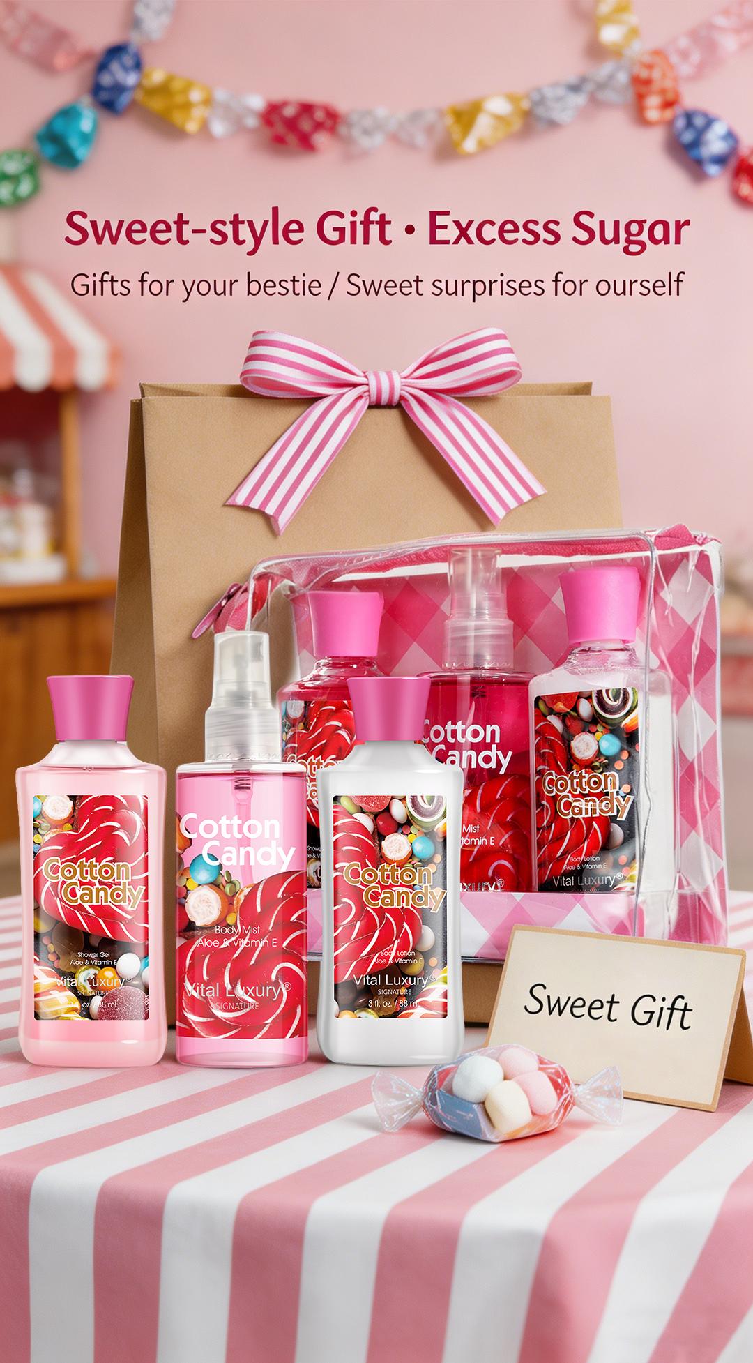 Mother's Day Gift-Vital Luxury Cotton Candy Scented Bath-3 Travel Set - 3oz Shower Gel,3oz Body Lotion, 3oz Body Mist & 2.5oz Bath Salts | SilkyLather, All-Day Freshness, Intense Moisture | Ideal Gift forMom, Wife, Sister & Girlfriend
