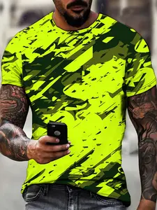 Fluorescent Camouflage Print Men's Short Sleeve T-Shirt, Summer Trendy Round Neck Top, Fashion Casual Male Clothing
