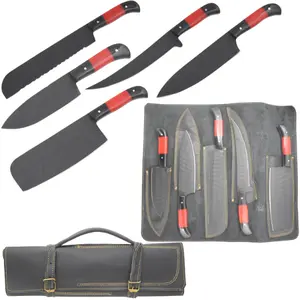 Elk Ridge 5-Piece Kitchen Knife Set, Slicing Boning Cleaver Knives 1075 High Carbon Steel, Horn & Red Resin Handle Italian Leather Rollout Case
