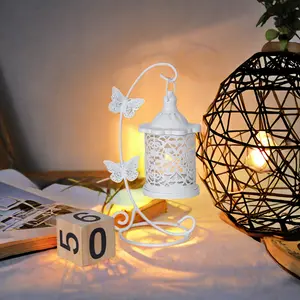 1pc White Iron Art Candle Holder, Butterfly Hollow Birdcage Design, Creative Hanging Lantern, Festive Atmosphere Decor for Dining Room, Living Room, Bedroom, Home & Kitchen Ornaments Decoration
