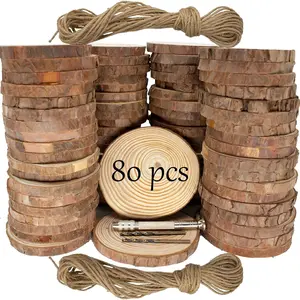 Unfinished  Wooden Slices 80 count 3.2-4 Inch  Circles for Crafts DIY Christmas Ornament Craft  Kit with Bit,Blank Round  Slice with Bark for Art,Painting,Party (80)