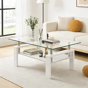 Luxury Modern Coffee Table – Durable Tempered Glass Top with Layered MDF, Gray Glass Minimalist Design for Stylish Living Rooms