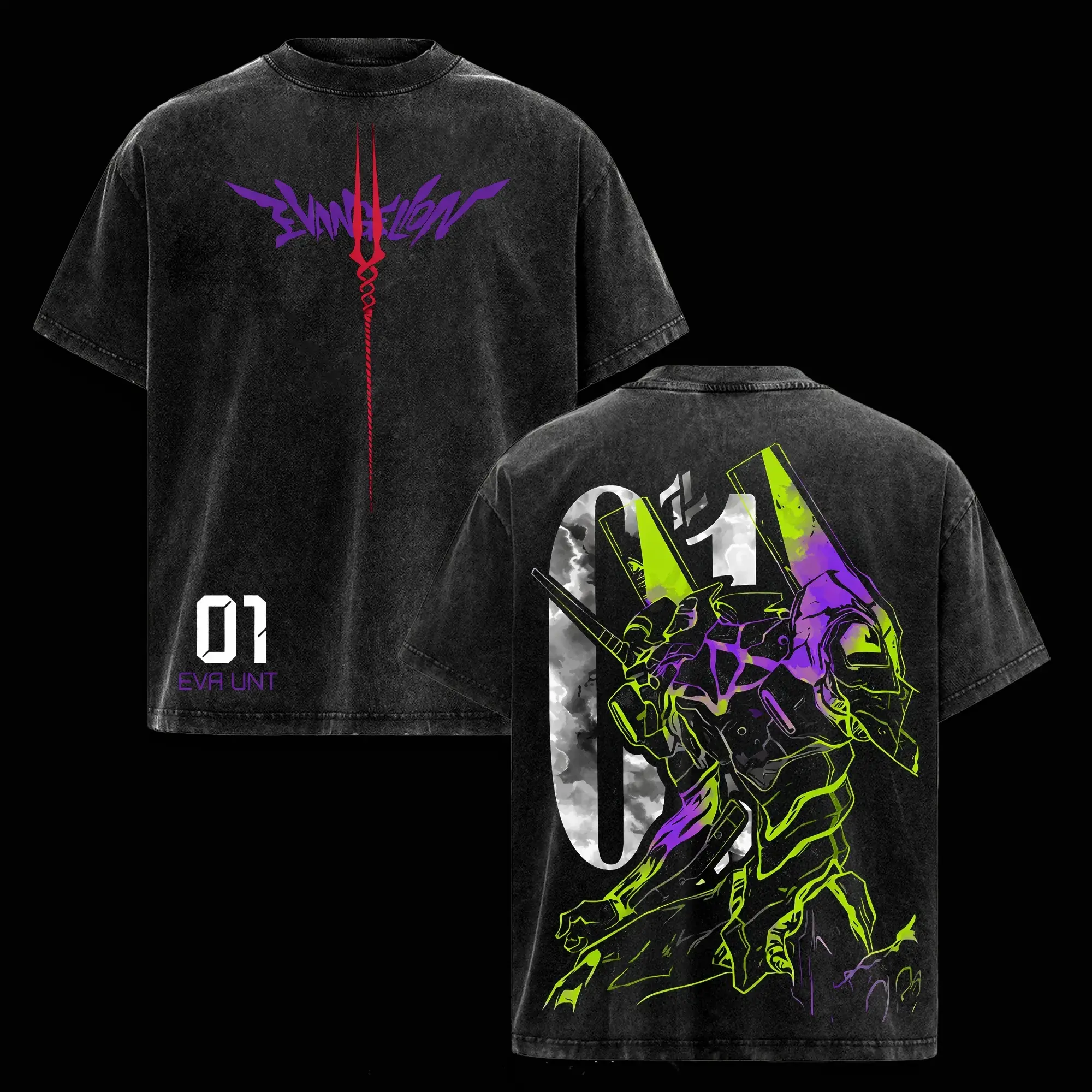 Menswear Neon Genesis Evangelion Unit-01 Print T-Shirt, Oversized Round Neck Short-Sleeve Tops, Vintage Washed Soft Cotton Streetwear, Unisex Casual Graphic Tee, Gift for Anime Fans Apparel Stylish, Shortsleeve