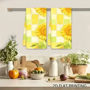2PC  Summer Sunflowers Green Yellow Mosaic Tile Swedish Dishcloth, Checkered Reusable Absorbent Cellulose Sponge Wipe, Kitchen Cleaning Cloth