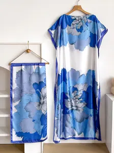 Elegant Long Robe Set with Multicolor Floral Print Shawl, Moomoo Dress + Headscarf Silk Scarf, Boho Style Casual Beachwear for All Seasons, Womenswear