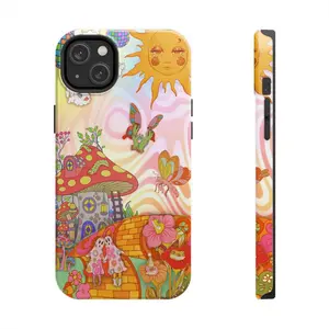 Whimsical Fairyland Phone Case – Colorful Mushroom Houses, Sun, Butterflies, and Fantasy Garden Scene – Compatible with iPhone 7–16, Samsung Galaxy S21–S24, Google Pixel – Cute Pastel Protective Cover Gift for Her