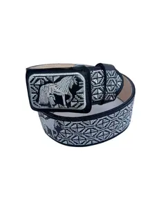 Black and Silver “Galante” Embroidered Belt with Rectangular Buckle | Western-Thick 2 inc