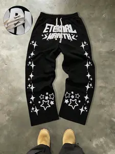 Men's Black Star Graphic Drawstring Wide Leg Sweatpants, Eternal Wrath Print Baggy Streetwear Pants, Graffiti Star Print Baggy Sweatpants, High Waist Wide Leg Casual Pants, Streetwear Daily Wear, Casual Street Style, Casual Elastic Waist