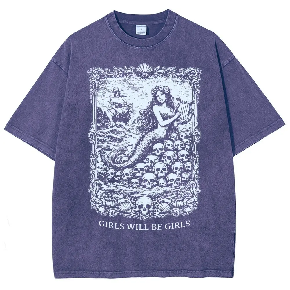Girls Will Be Girls Siren Mermaid Washed Graphic T-Shirt, Dark Ocean Skull Print, Gift For Gothic & Myth Fans,back to school,back to school shopping