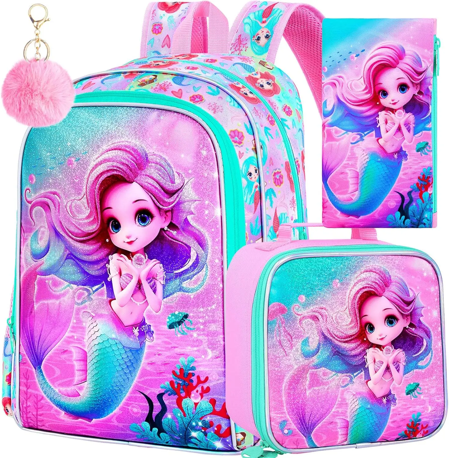 3PCS Mermaid Backpack, Water Resistant Kids Bookbag with Lunch Box for Girls, 16" Preschool Backpacks for Elementary - Mermaid Pink