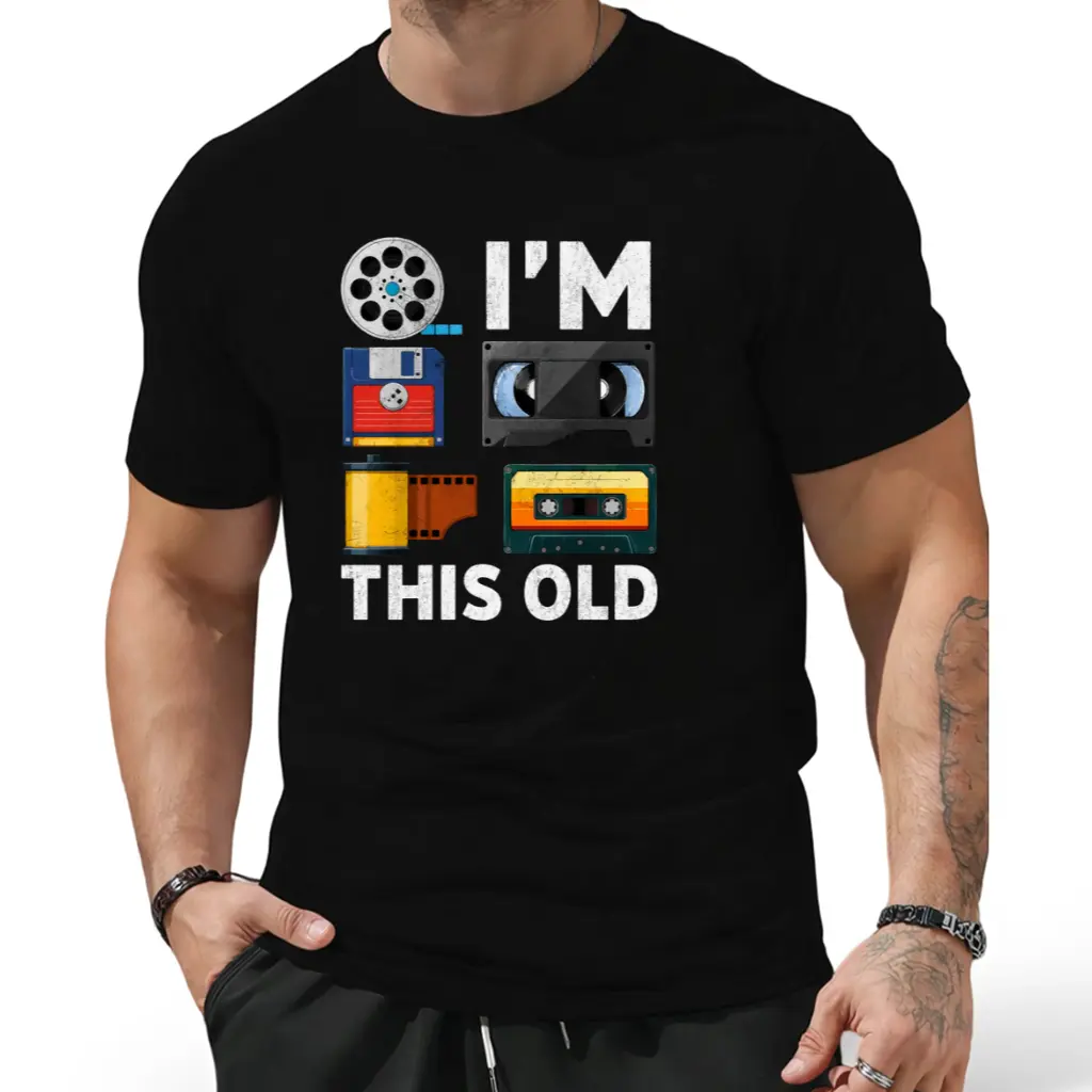 Retro Vintage Media Technology T-Shirt - Nostalgic Cassette VHS Floppy Disk Print Short Sleeve Round Neck Tee - Digital Heat Transfer Casual Shirt for Tech Conventions & Casual Attire