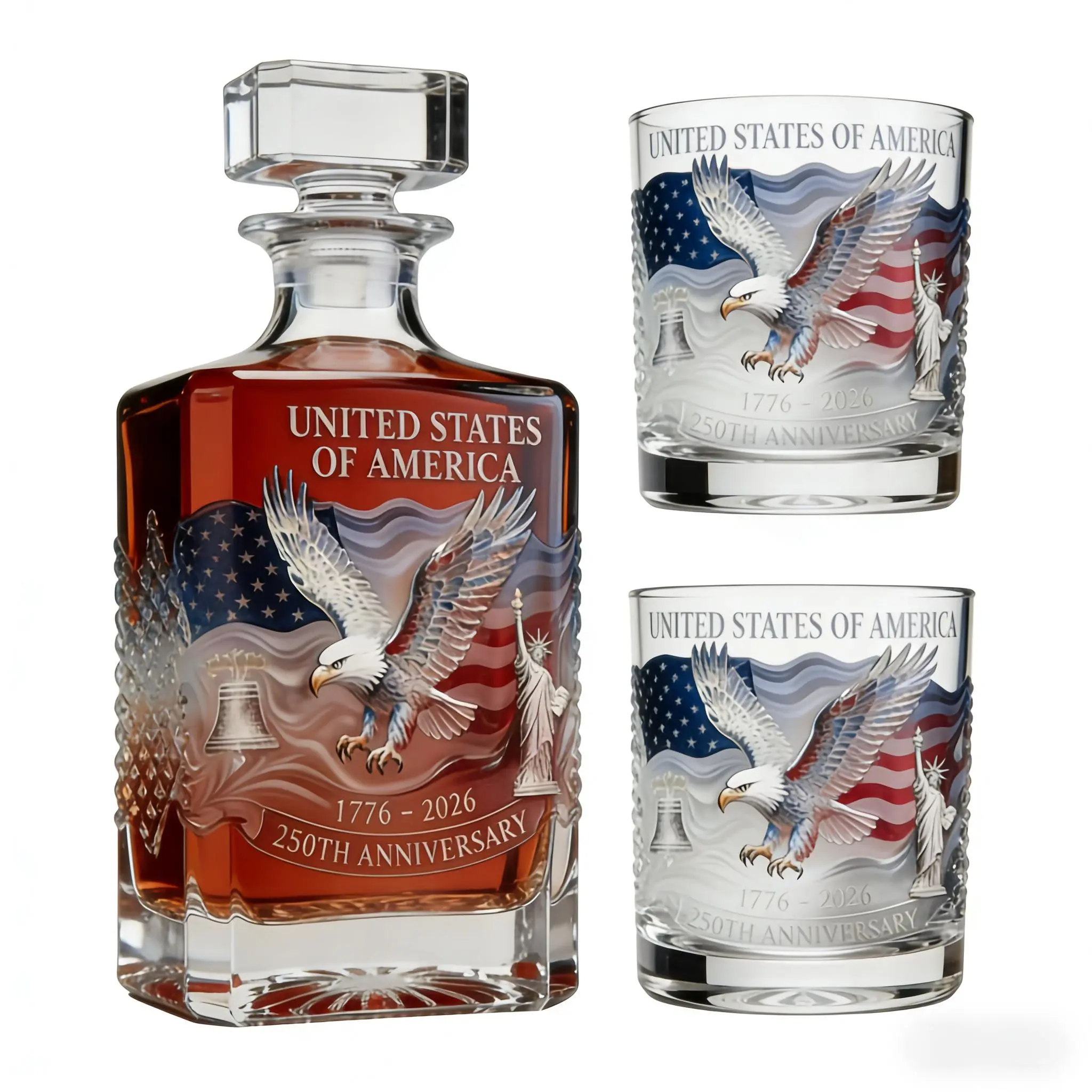 American 1776-2026 250th Anniversary Whiskey Decanter & Tumbler Glasses Set, Food-Safe Glass for Bourbon/Scotch/Wine, Father’s Day Unique Gifts for Man, US Nation Pride Man Cave Home Bar Decor Collectible Keepsake