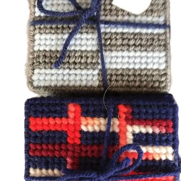 Cross Stitch Coasters - Set of Two Coasters with Colorful Patterns and Ribbons - Tableware