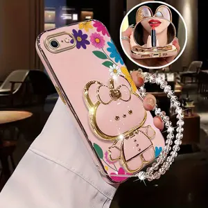 16E Elegant PC Pearl Strap Lanyard Phone Holder Protective Case For Compatible With iPhone 16e Flower Pattern and Rabbit Stand Stand Cover Casing
