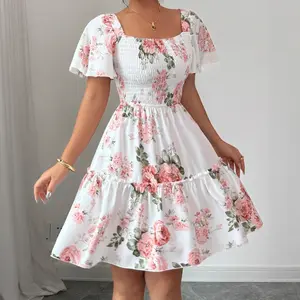 Women's Square Neck Dresses Ditsy Floral Print Short Sleeve Classic A-Line Ruffle Empire Waist Sundress Bohemian Printed Cold Shoulder Ruffled 2026 Shortsleeve Dress, Elegant Summer Casual Vacation Midi Sundress empire waist