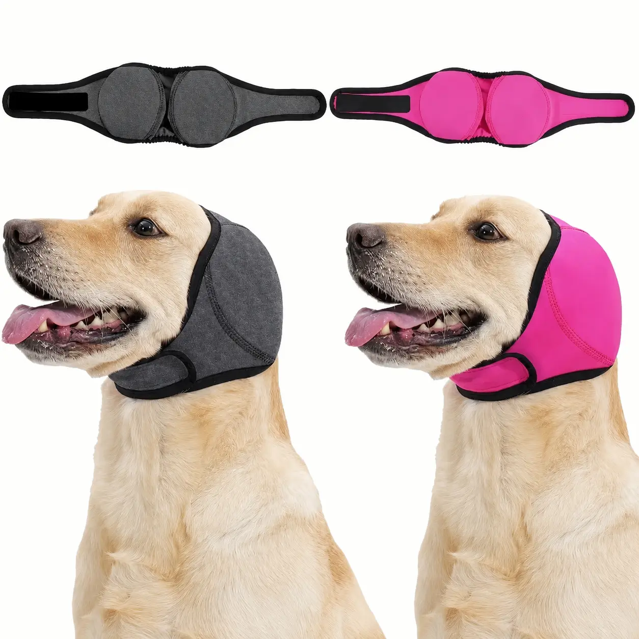 Adjustable dog calming hood and ear protector, featuring noise-reducing and anti-anxiety designs. Suitable for thunderstorms, fireworks, and travel; comfortable to wear and designed for small to medium-sized dogs.