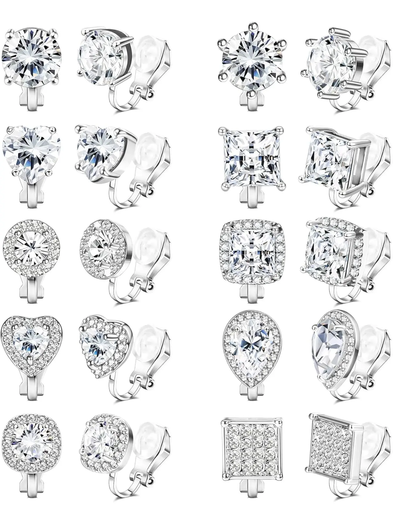 10Pairs Cubic Zirconia Clip On Earrings for women Square Heart Ear Clips Earring Crystal Non-Pierced Clip Earrings Heart Shaped Earrings Earring Set Earrings Jewelry