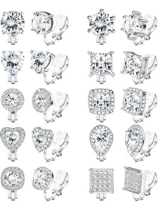 10Pairs Cubic Zirconia Clip On Earrings for women Square Heart Ear Clips Earring Crystal Non-Pierced Clip Earrings