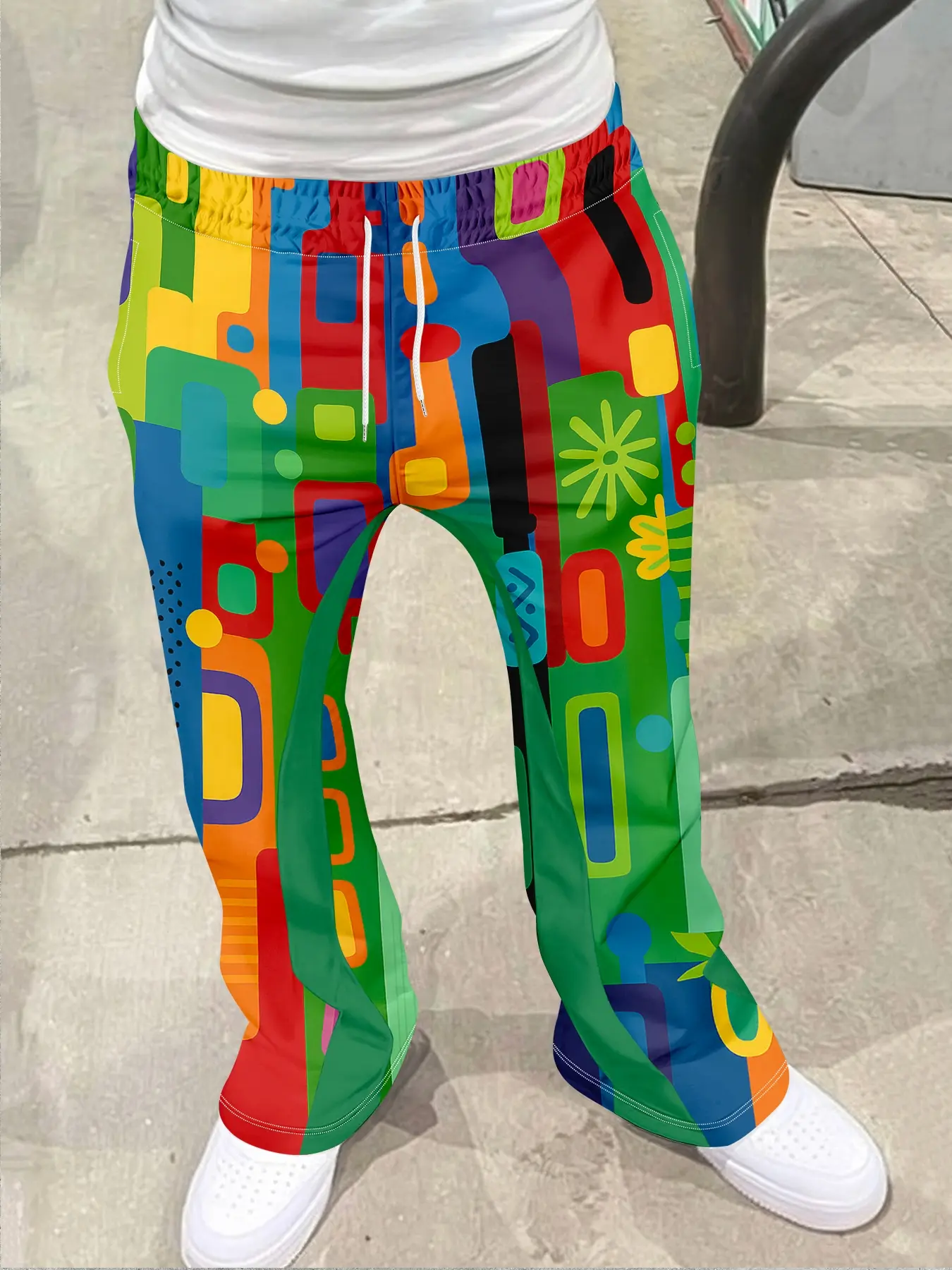 Men's Loose Fit Flare Leg Pants, Menswear Casual Streetwear Joggers, Vintage Hip Hop Long Trousers, 3D Print Geometric Design, Sporty Fashion, Athleisure Style Bottoms, Flare Leg Sports