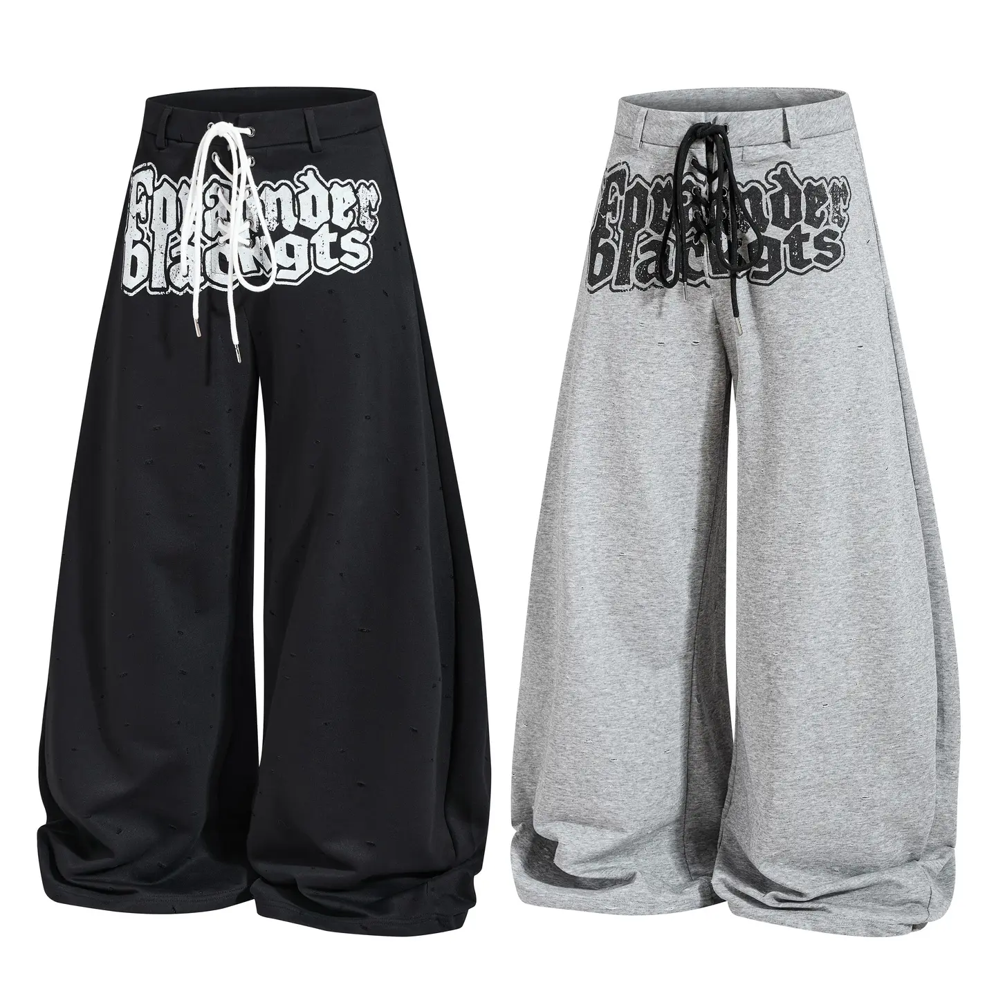 inflation Streetwear Graffiti Sweatpants, Unisex Baggy Wide-Leg Bottoms with Distressed Holes and Lace-Up Front, Everyday Fashion Trend, Bottom, Statement, Trouser, Baggy Sweatpants, Lacy, Graphic, Cotton Blend, Front Lace Up, Graffiti Print, Retro, Overs