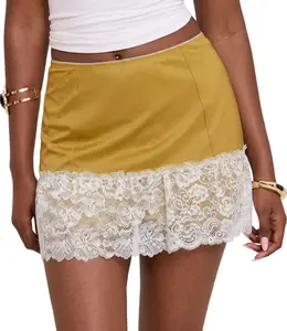 Florboom Women's Satin Mini Skirt – Elastic Waist & Lace Trim, Floral Lace Detail for Casual, Streetwear, Vacation, Festival & Party Wear