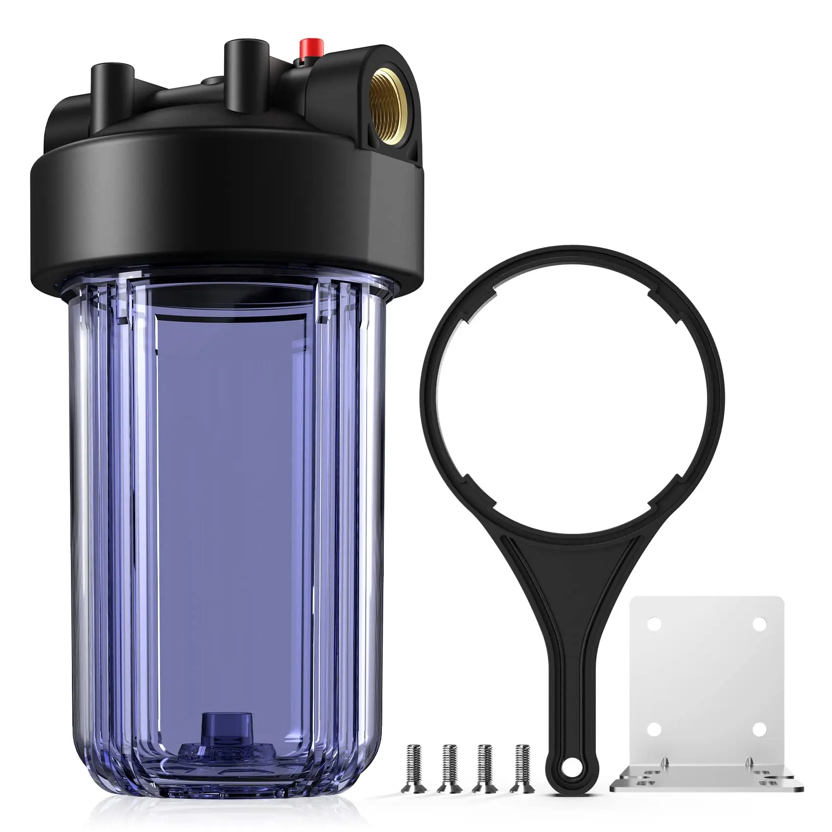 SimPure DB10C Whole House Water Filter Housing, 10"x4.5" Size, 1"NPT Brass Port, 15-90 psi Rating, 7.68"l x7.68"w x14.96"h Dimensions, Built-in Red Pressure-Relief Button, Compatible with Activated Carbon & Aqua-Pure KW811-4pack Filters, Polypropylene