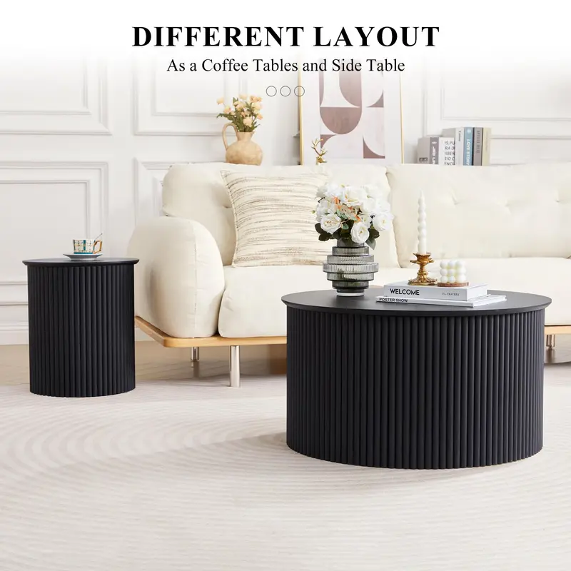 Giratree Fluted Round Nesting Coffee Table Set of 2, Mid Century Modern Wood Coffee Tables and End Table Set, Circle Side Table Minimalist Center Tables for Living Room, Office Giratree Fluted Round Nesting Coffee Table Set of 2, Mid Century Modern Wood Coffee Tables and End Table Set, Circle Side Table Minimalist Center Tables for Living Room, Office