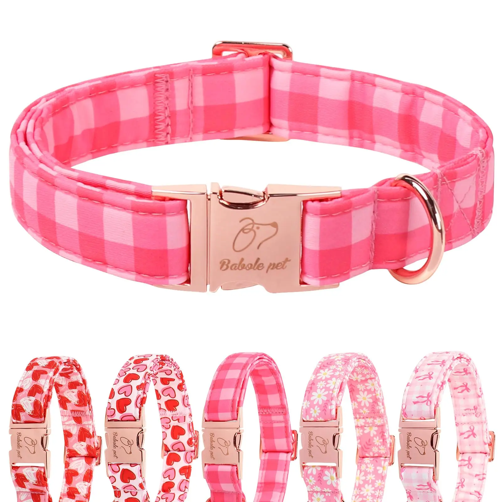 Classic Pink Checkerboard Plaid Dog Collar, Adjustable Heavy Duty Girl Dog Collar for Small Medium Large Dogs with Metal Buckle tiktokshopbacktoschool