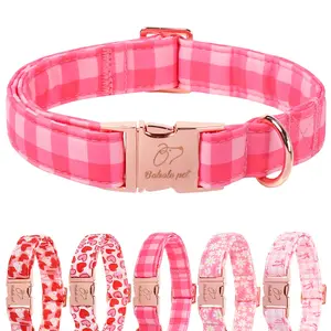 Classic Pink Checkerboard Plaid Dog Collar, Adjustable Heavy Duty Girl Dog Collar for Small Medium Large Dogs with Metal Buckle