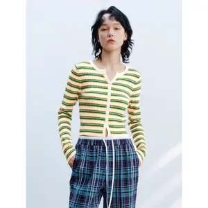 URBAN REVIVO 2026 Women's Striped Plaid Button-Up Knit Cardigan - Polyester-Viscose Knitting Fabric, Longsleeves, Regular Length, Casual, Multi-Size, All-Season Womenswear