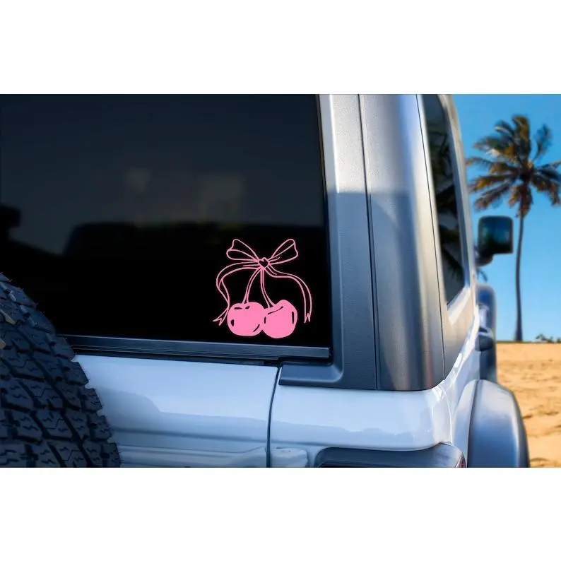 Pink Bow Cherries Car Sticker, Truck Decal Sticker, Coquette Cherries Car Accessories, Vinyl Decal