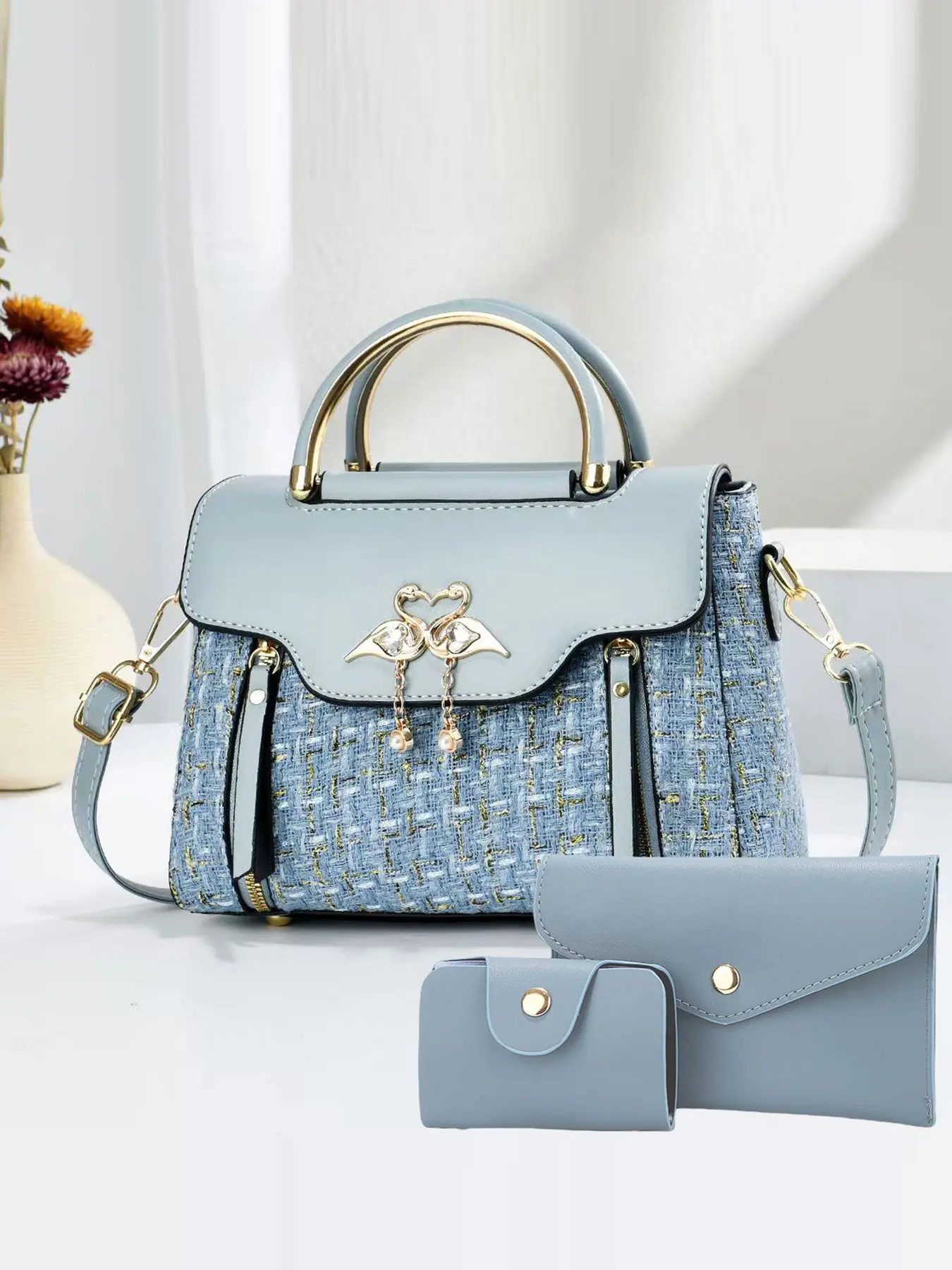 Elegant Women's Handbag Set, Versatile Four Seasons High-End Shoulder Crossbody Three-Piece Bag, Stylish, Geometric Pattern, Visual Interest and Durable
